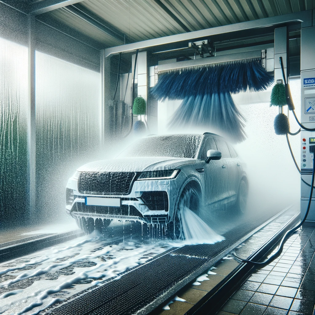A car being washed at a drive-through car wash, with high-pressure water jets and foam covering the car. The setting is an automated car wash station with clear visibility of the water and soap mechanisms.