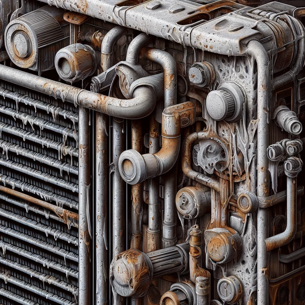 A detailed illustration of a car radiator with visible rust and corrosion, showing the negative effects of using water instead of coolant. The image should highlight rusted metal parts, and corroded pipes, emphasizing the damage. The background should be a close-up view of the internal structure of a radiator.
