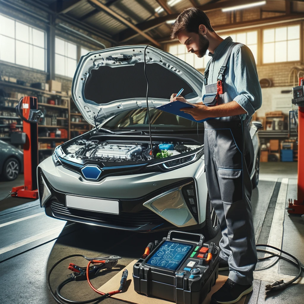 A mechanic checking a hybrid car battery in a garage. The scene includes the mechanic using diagnostic tools on a hybrid car with the hood open, displaying the complex battery and engine components clearly.