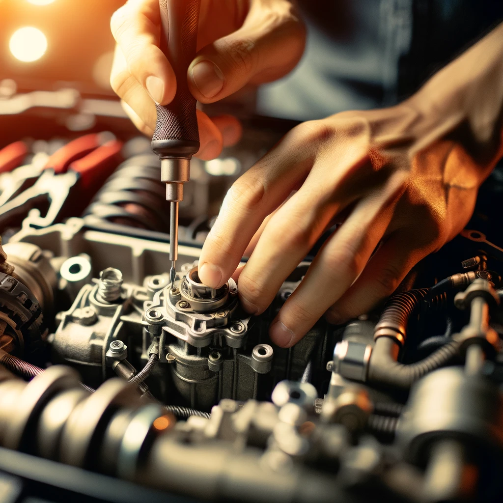A mechanic inspecting and repairing a small car component under bright lighting. The focus is on the mechanic’s hands using tools to adjust or fix a small part, with parts of the car engine and other mechanical elements visible in the background.