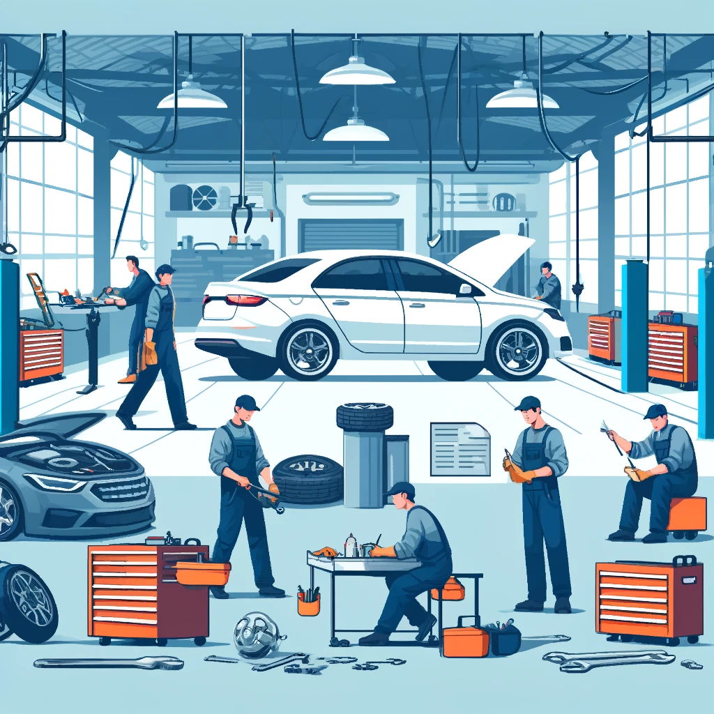 A professional car service center with mechanics performing routine car maintenance. The scene includes various cars being serviced, tools scattered around, and mechanics in uniforms working diligently.