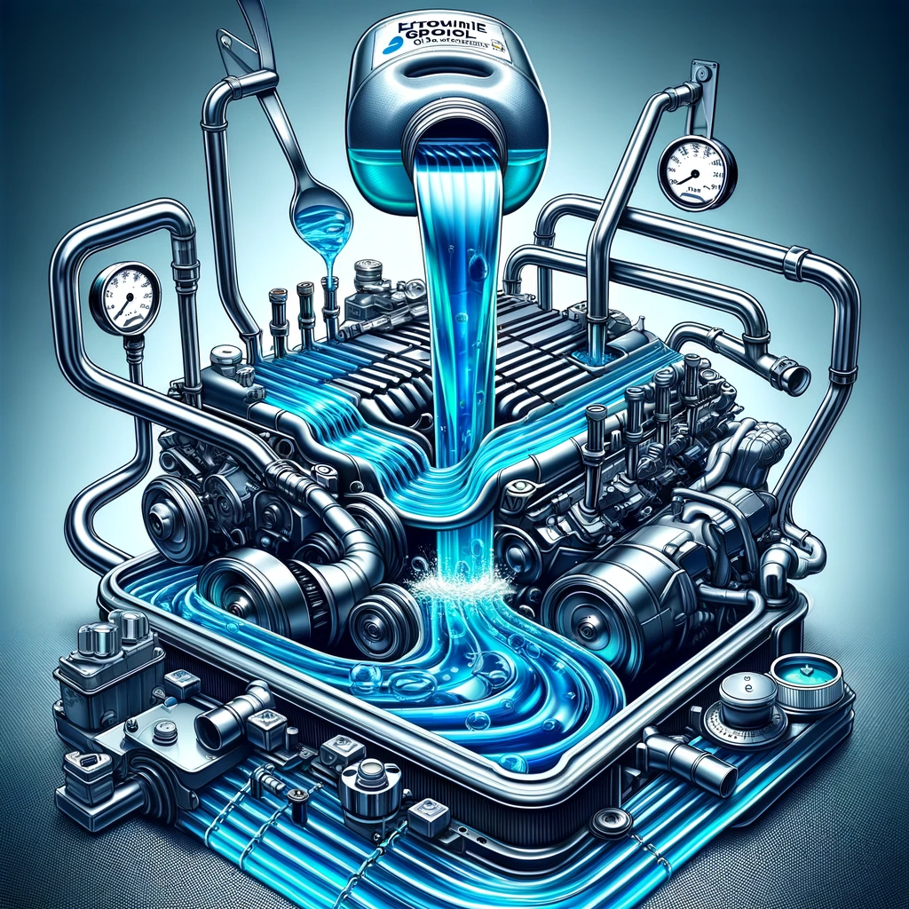 A visually appealing illustration of a car engine using ethylene glycol coolant, showing a clear, fluid path through clean and shiny metal pipes and engine parts. The coolant should be depicted as a vibrant blue liquid flowing within the radiator and engine, highlighting its protective and cooling properties. This image should also include gauges or indicators showing optimal temperature levels.