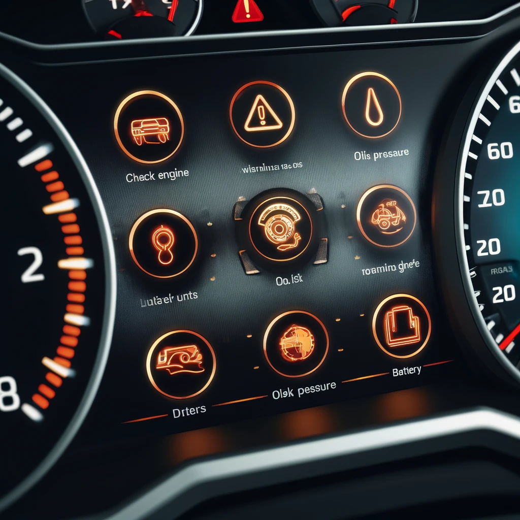 Close-up of a dashboard in a car showing various warning lights illuminated, focusing on details like the check engine light, oil pressure light, and battery warning light. The dashboard should appear modern and clearly display the icons.