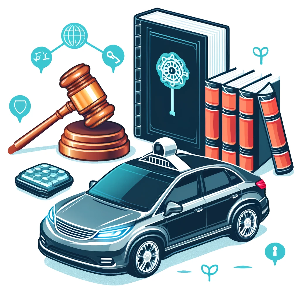 Illustration of legal issues with self-driving cars: showing a gavel, law books, and a self-driving car to symbolize legal challenges.