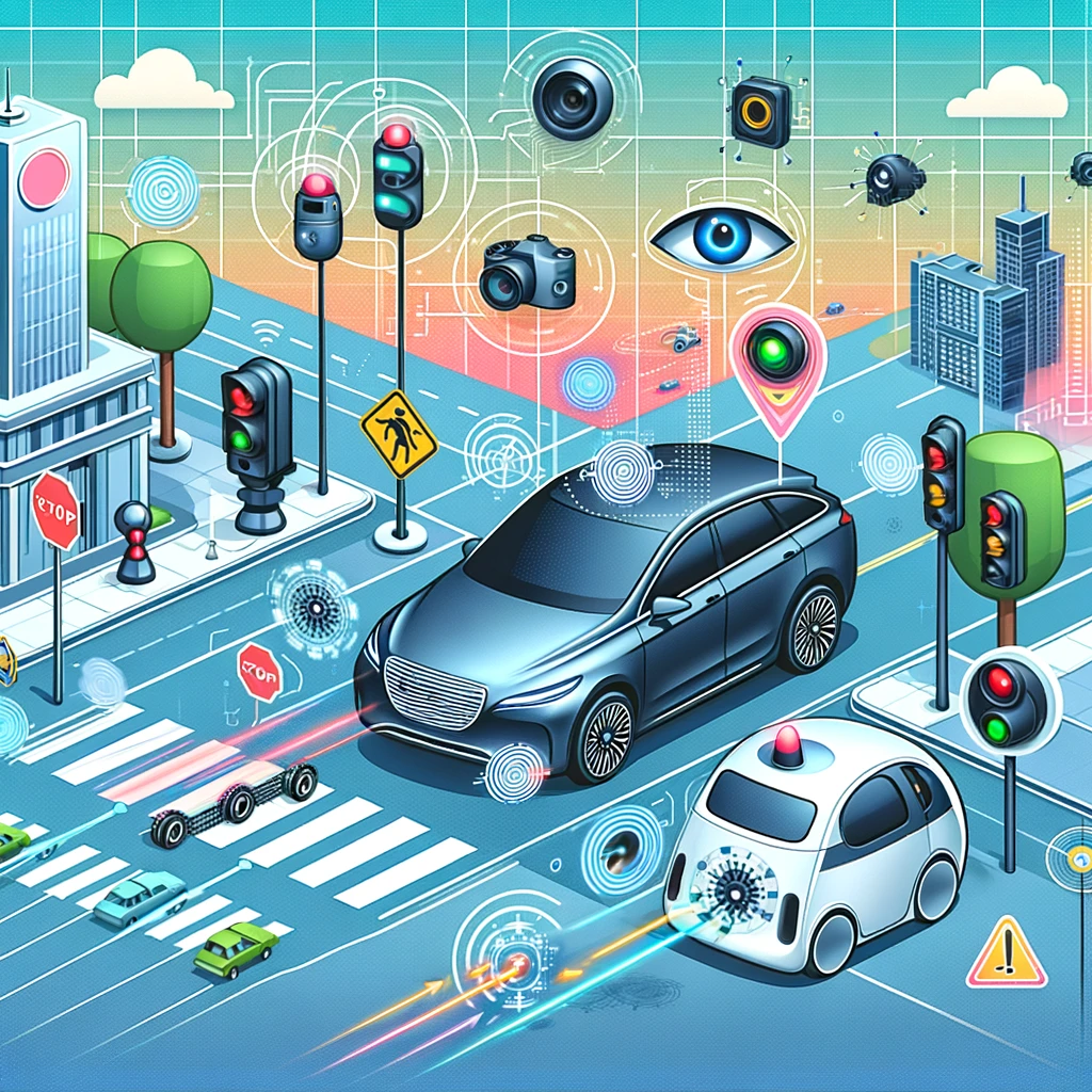 Illustration of technical challenges with self-driving cars: showing sensors, cameras, AI algorithms, and a self-driving car in complex traffic conditions.